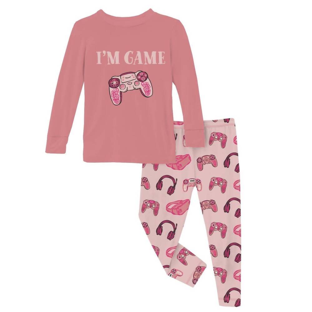 NEW KICKEE kid's long sleeve graphic tee pajama set in baby rose gamer